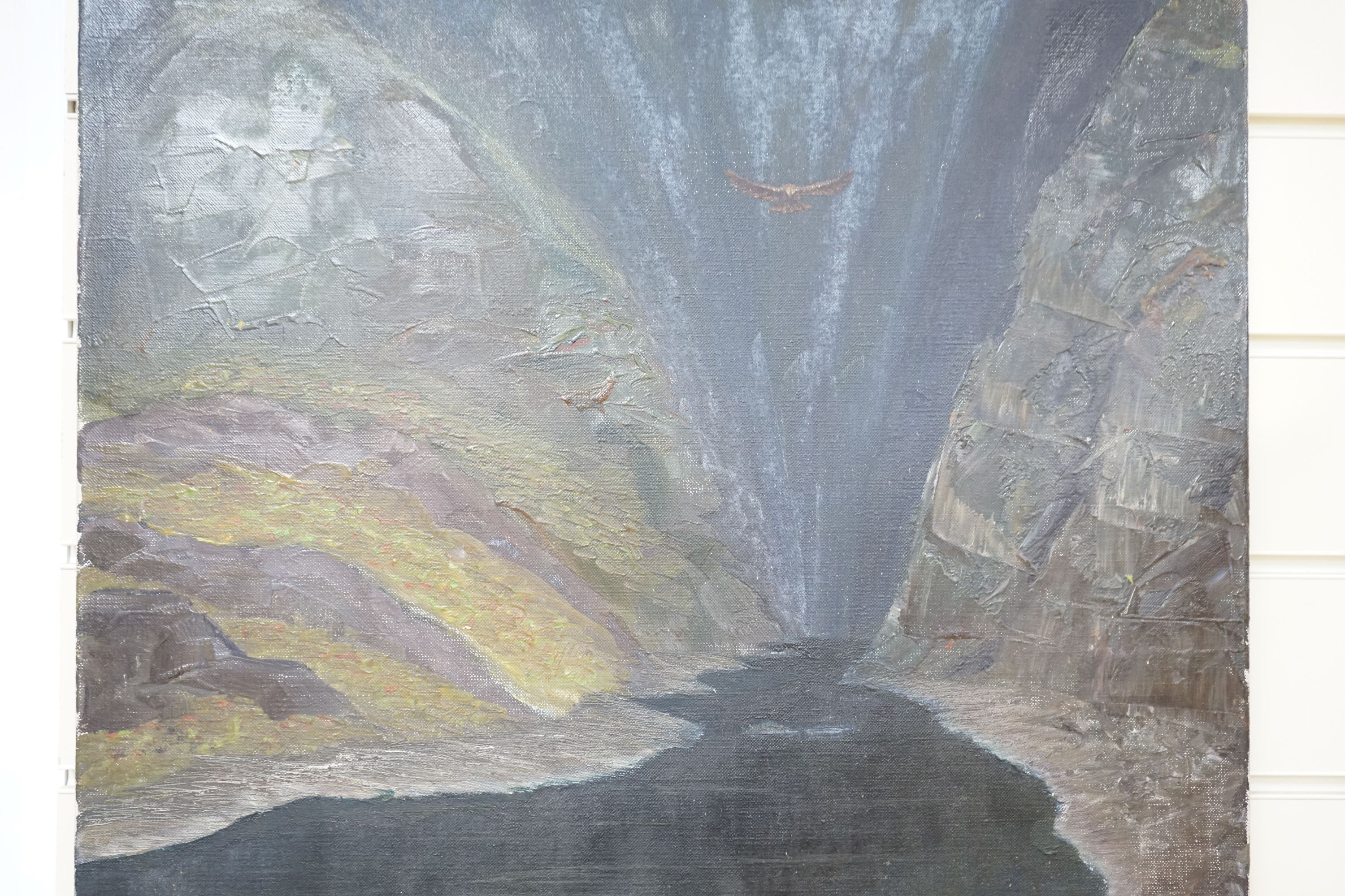 Galloway (1935-), oil on canvas, Eagle flying over a fjord, inscribed verso, 76 x 50cm, unframed